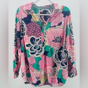 Talbots Women's X XL Colorful Floral Cotton Blouse Top Pink Navy Green Tunic
